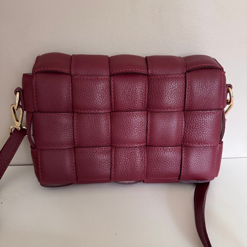 CHIARA FERRETTI Quilted Burgundy Red Leather Foldover Flap Woven Crossbody Purse